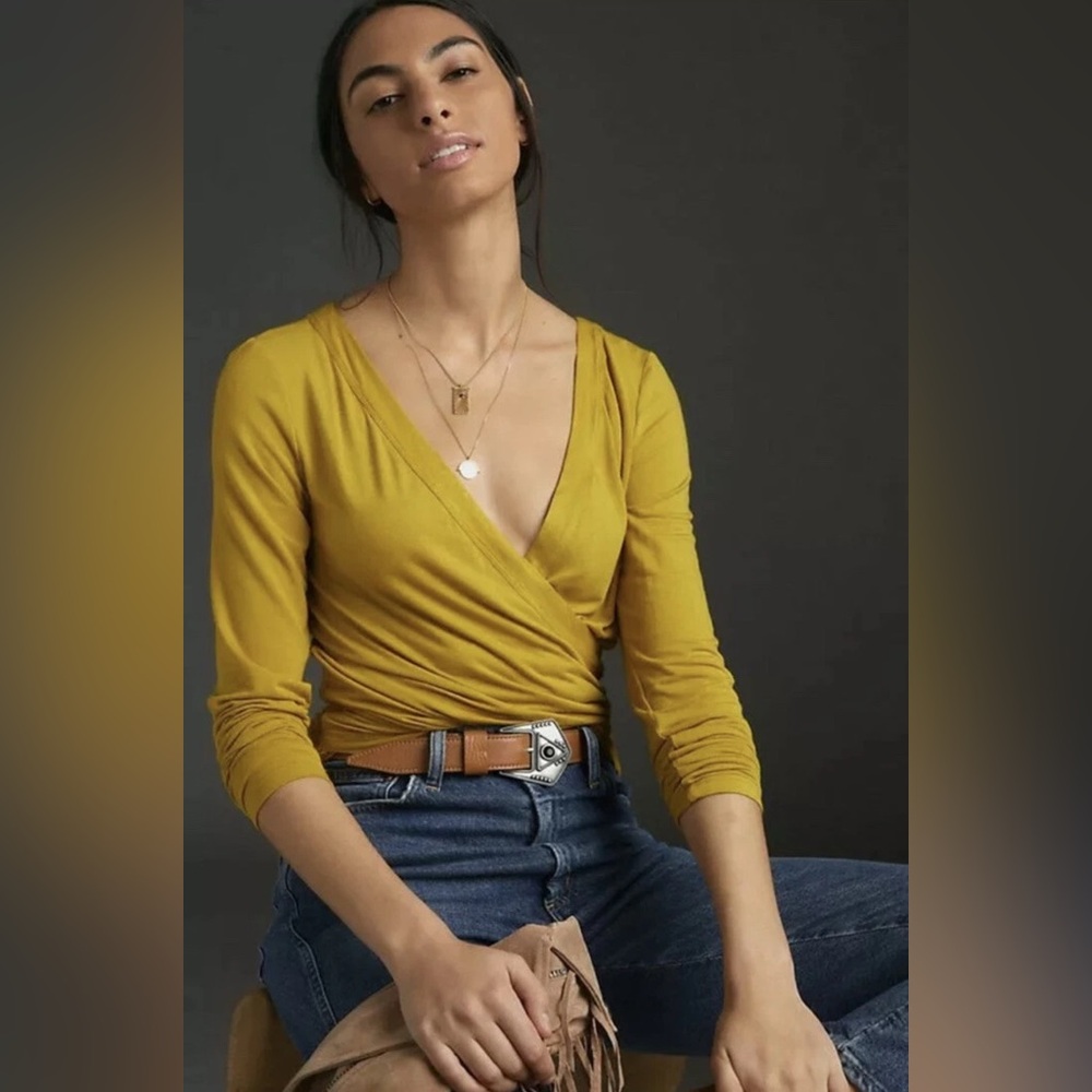 ANTHROPOLOGIE Saturday Sunday Mustard Yellow Long Sleeve Wrap Blouse S